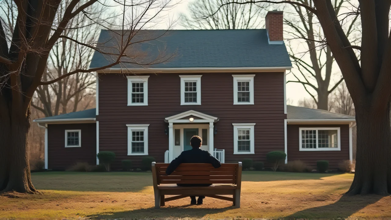 A person sitting on a wooden bench in front of a clapboard house, surrounded by leafless trees in morning light.