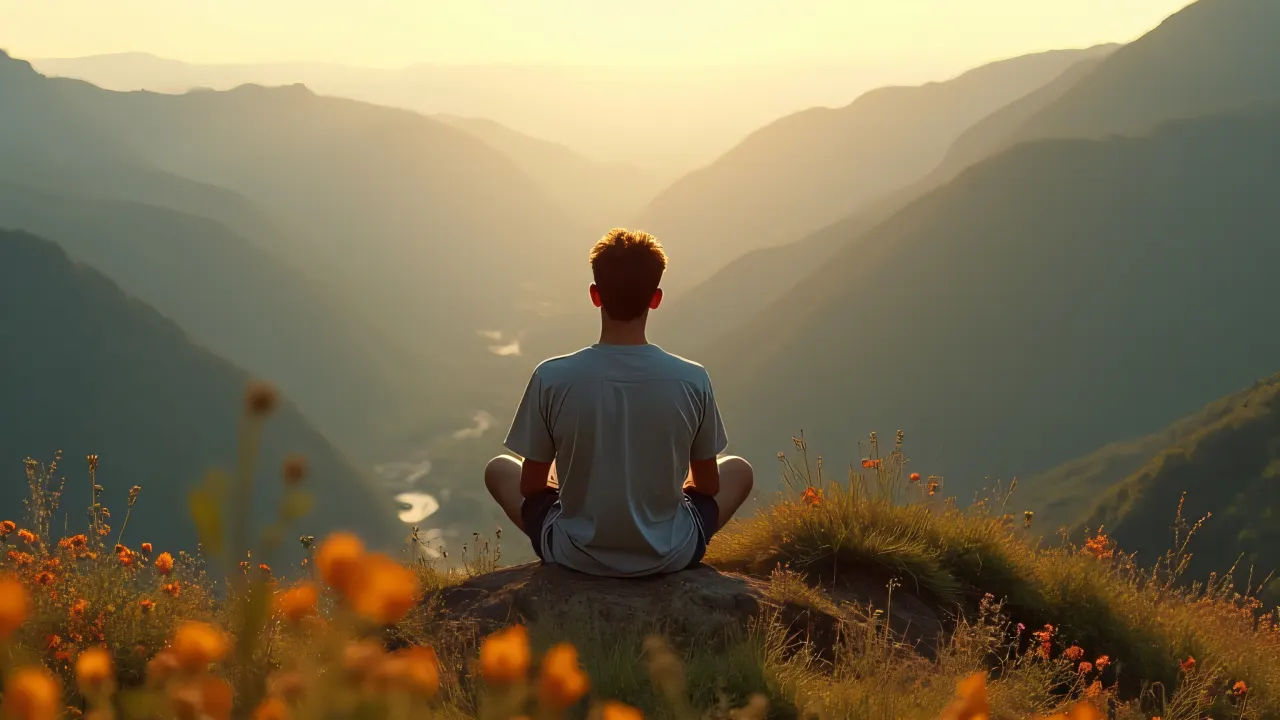 A person sits on a mountain edge surrounded by wildflowers at sunset, with misty peaks in the background.