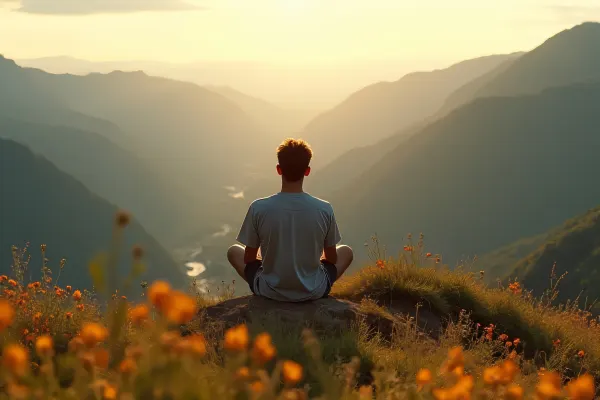 Person Sitting On Mountain Edge With Wildflowers