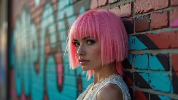 Person Sporting Pink Hair Against Graffiti Wall