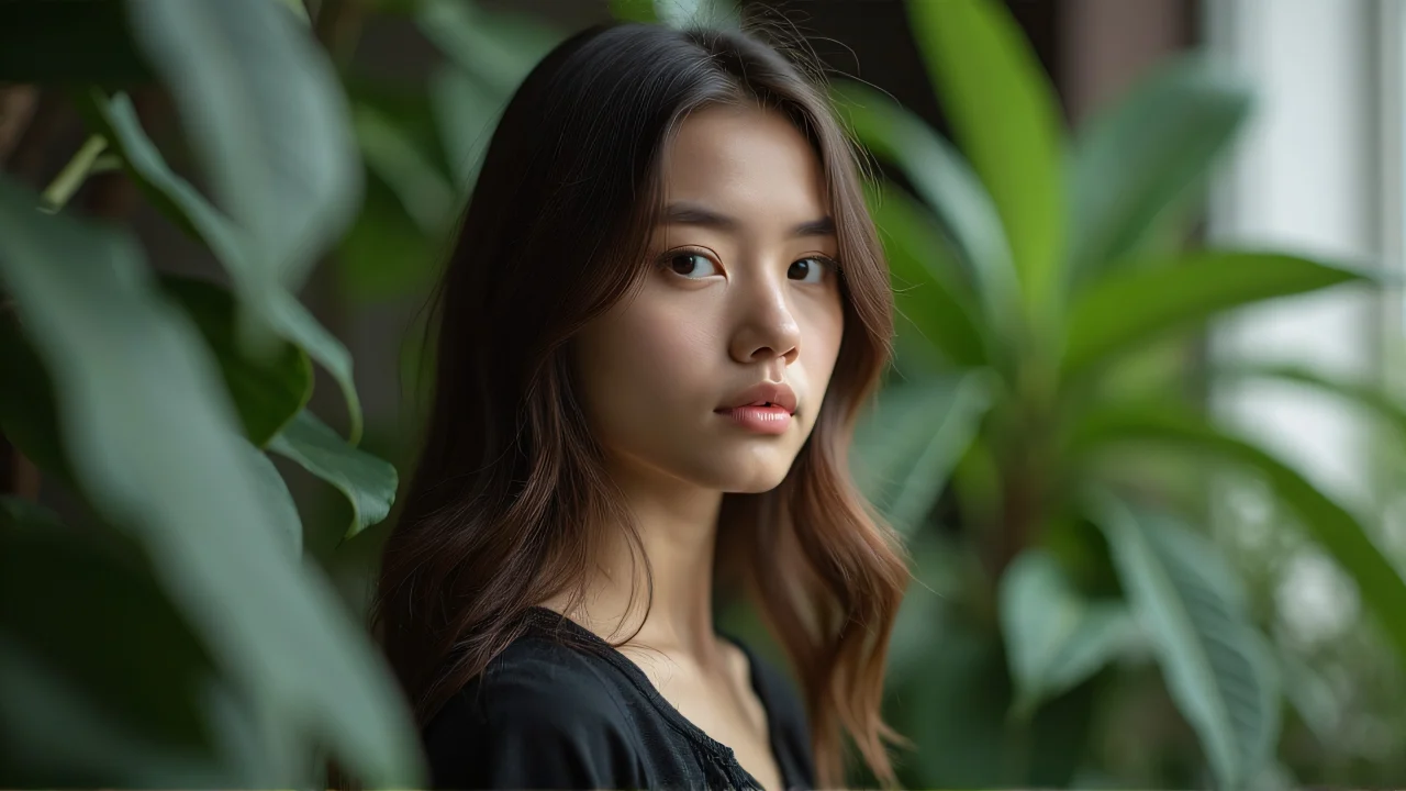 A person poses beside lush green plants in a natural indoor setting.