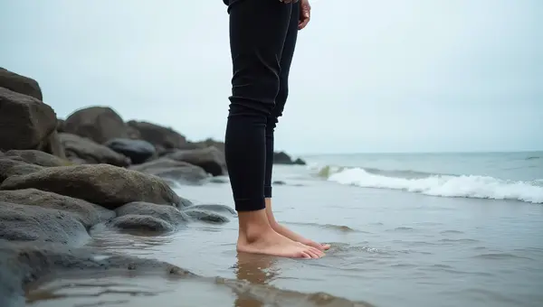 Person Standing By Rocky Seashore At Low Tide