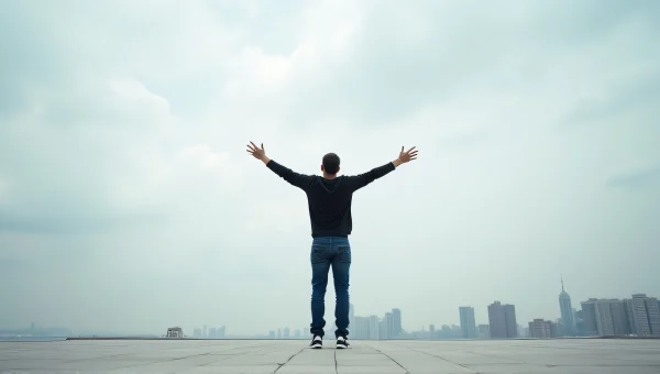 Person Standing on Plaza Raising Hands to Sky