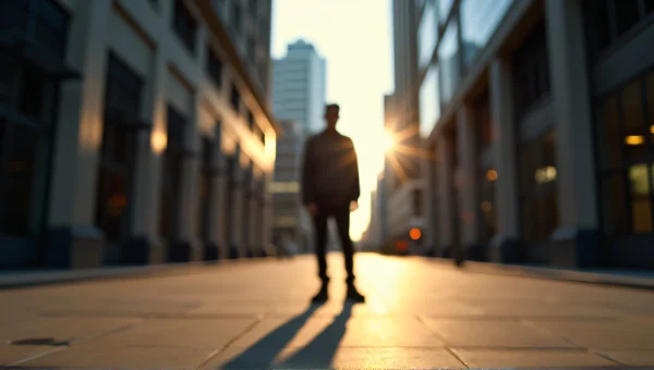 Person Standing on Sidewalk with Tall Buildings