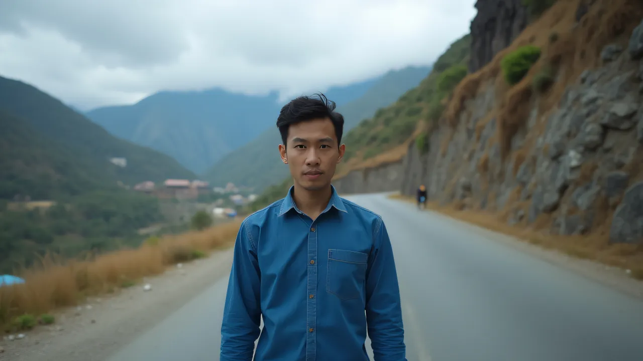 A person in a blue shirt stands on an asphalt street next to a rocky mountain with a village in the background.