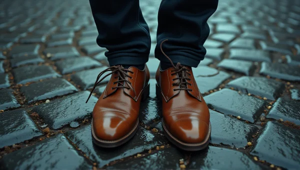 Person Standing on Wet Cobblestones with Shoes