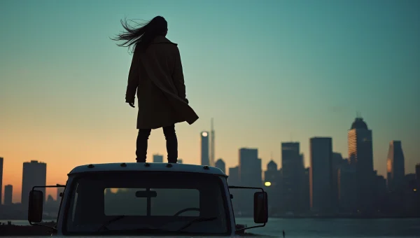 Person on Truck Roof at Dusk with City Skyline