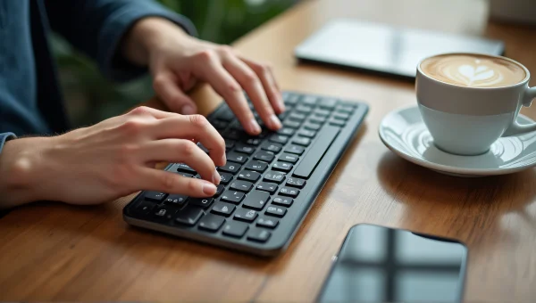 Person Typing on Compact Keyboard with Coffee