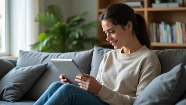Person Using iPad on Couch in Relaxed Living Room