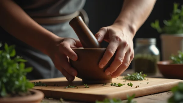 Person Using Mortar And Pestle In Kitchen