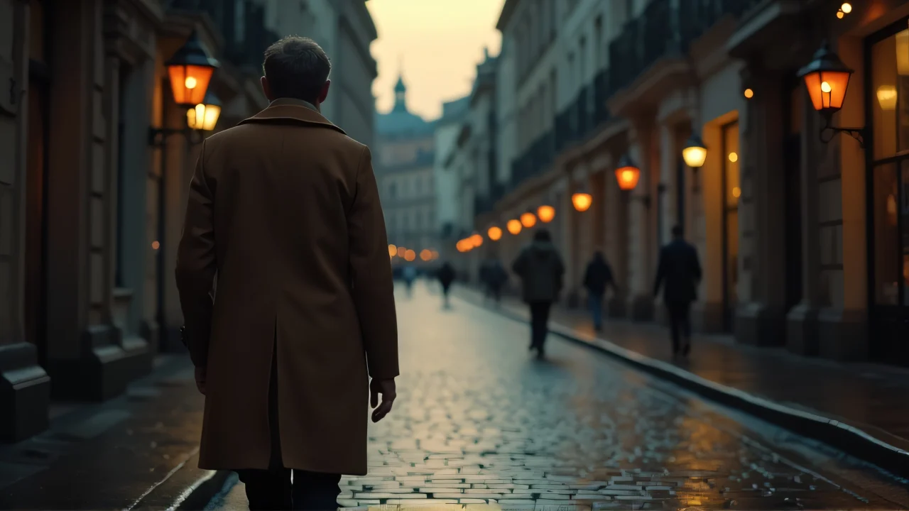 A person in a brown coat walks on a rain-soaked cobblestone street at dusk, with soft lighting.