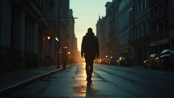 Person Walking on Dim City Street at Dawn