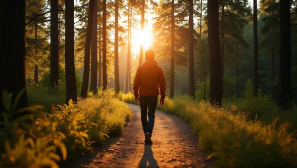 Person Walking Forest Path Backlit by Sunlight