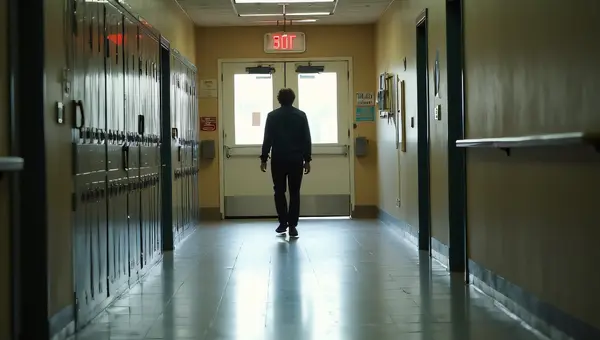Person Walking in Hallway with Tiled Floor