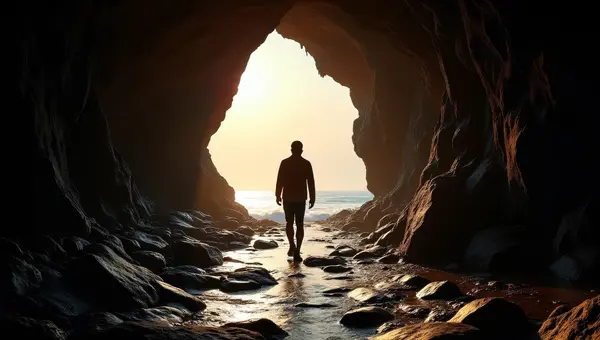 Person Walking Out Of Cave Silhouette In Sunlight