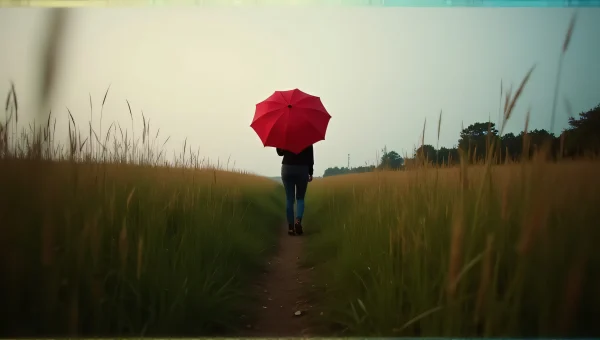 Person Walking With Red Umbrella In Grassy Field