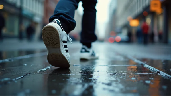 Person Walking on Wet Sidewalk in Adidas Shoes
