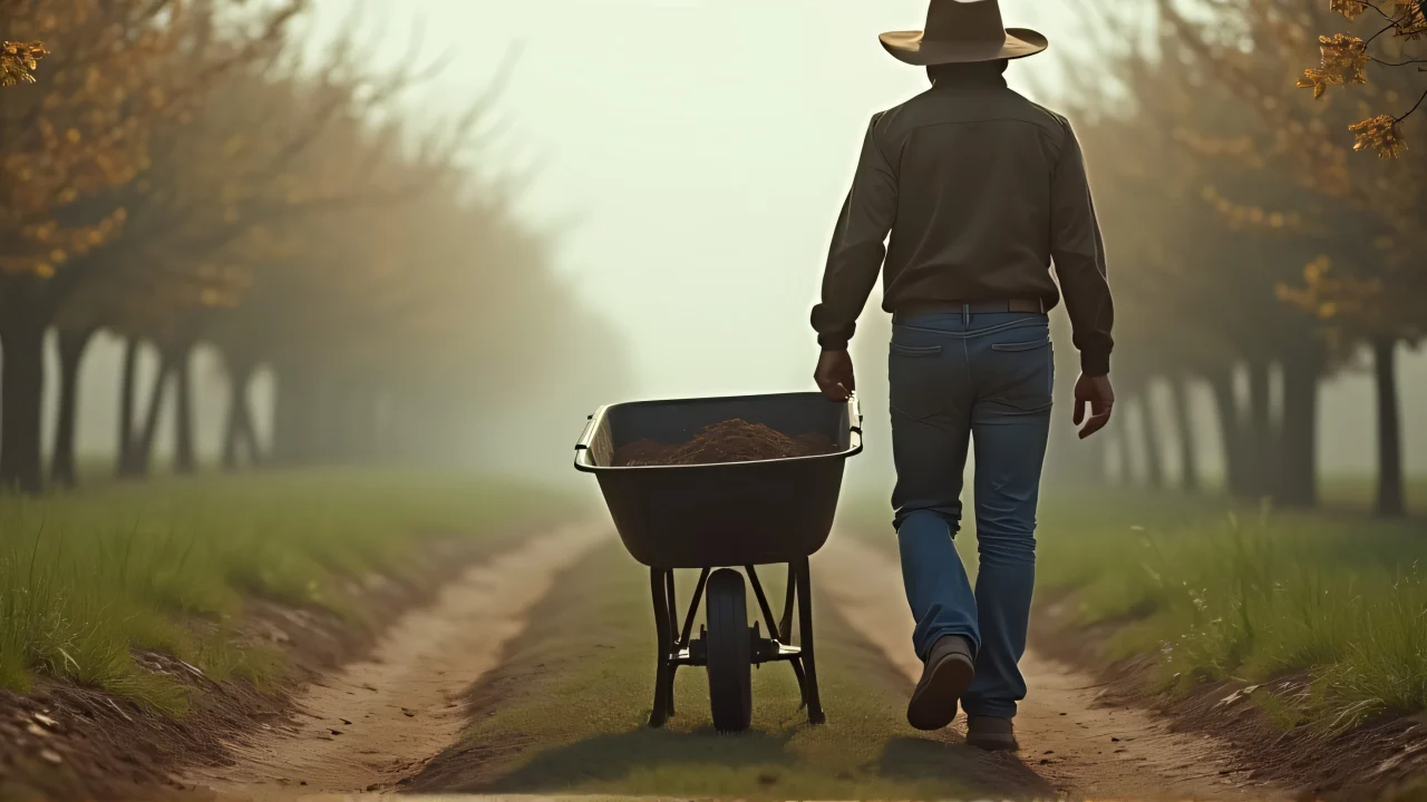 A person in a brown hat pushes a wheelbarrow along a foggy orchard path.