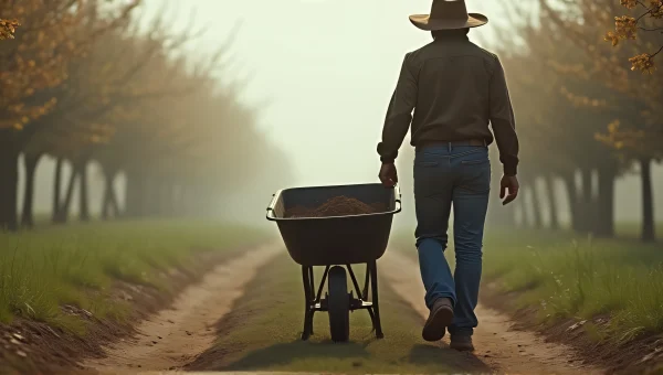 Person With Wheelbarrow In Foggy Orchard