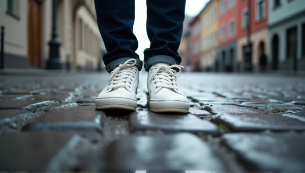 Person In White Shoes On Wet Cobblestone Street