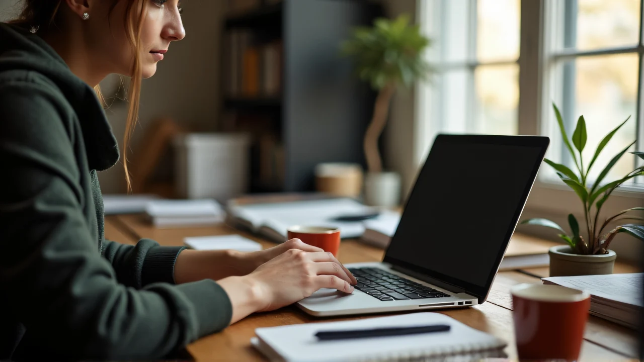 A person focused on work at a cluttered wooden desk with a laptop, notebook, and coffee cup.