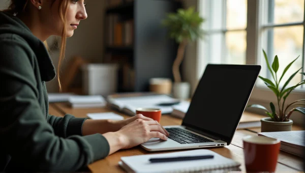 Person Working at Cluttered Wooden Desk with Laptop