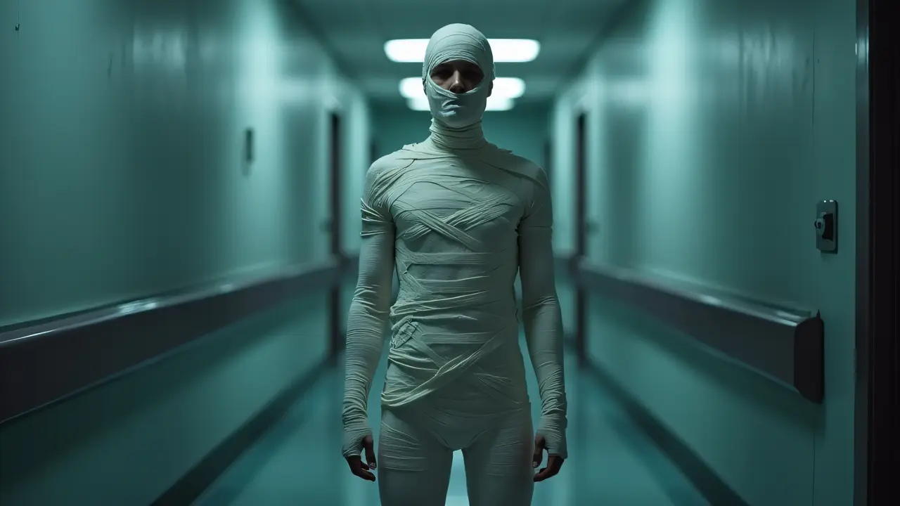 A person wrapped in bandages stands in a dimly lit hospital corridor.