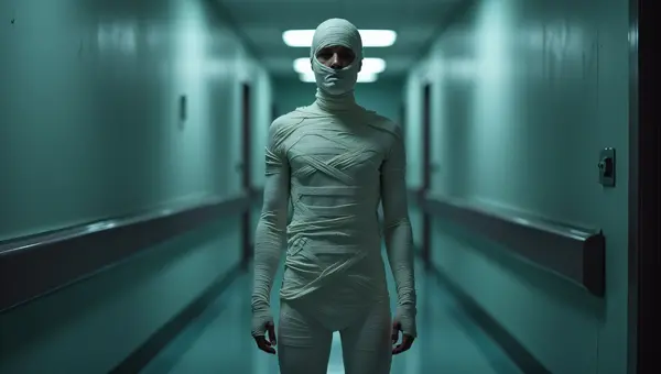 Person Wrapped in Bandages in Hospital Corridor