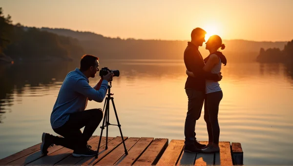 photographer Capturing Couple at Sunset Lake