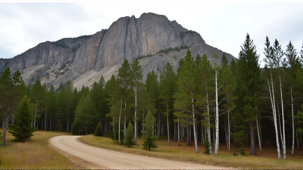 Cluster of pine and birch trees at mountain base with a winding dirt path.