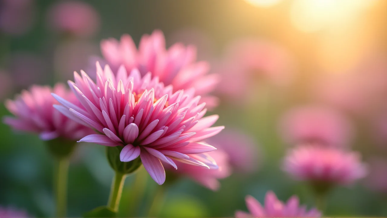 A cluster of pink chrysanthemums with a sharp bloom in focus and a soft background.