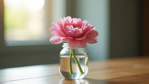 Pink Flower In Jar On Wooden Table