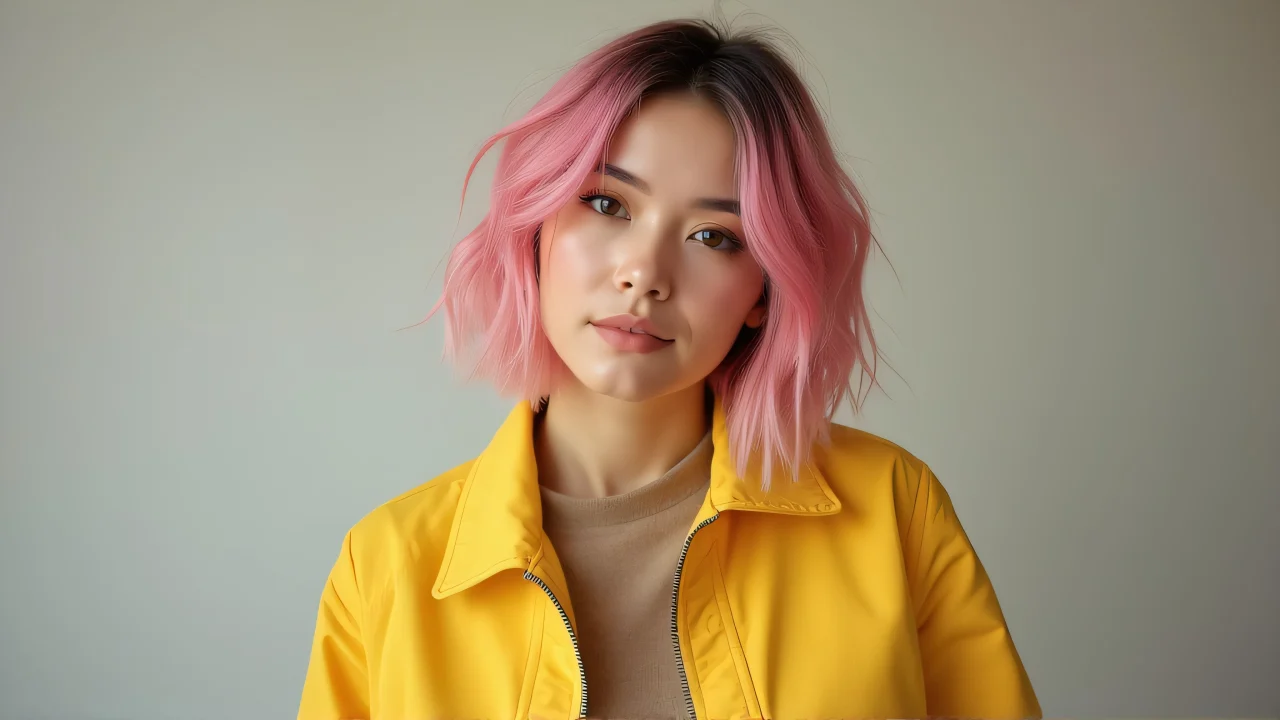 Portrait of a woman with pink hair in a yellow jacket against a neutral backdrop.