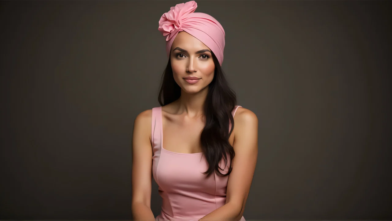 A woman in a pink headdress and sleeveless dress sits relaxed with her hands in her lap.