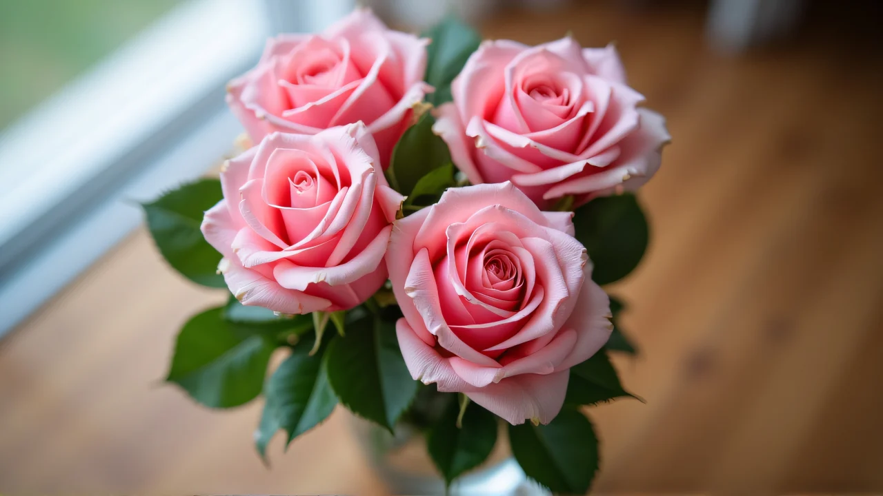 Close-up of pink roses in a glass vase with soft lighting.
