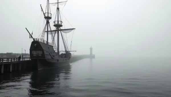Pirate Ship Docked In Foggy Harbor Landscape