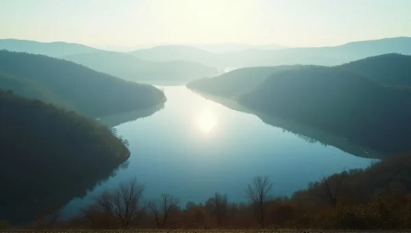 Placid Lake Surrounded By Rolling Hills Aerial View