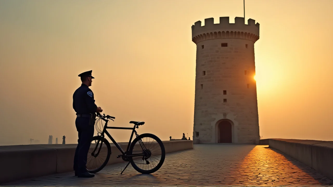 A police officer stands next to a parked bicycle near a tall watchtower at sunset.