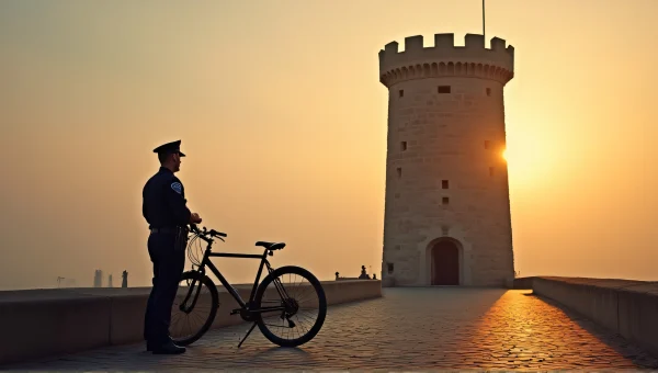 Police Officer Beside Bicycle Near Watchtower