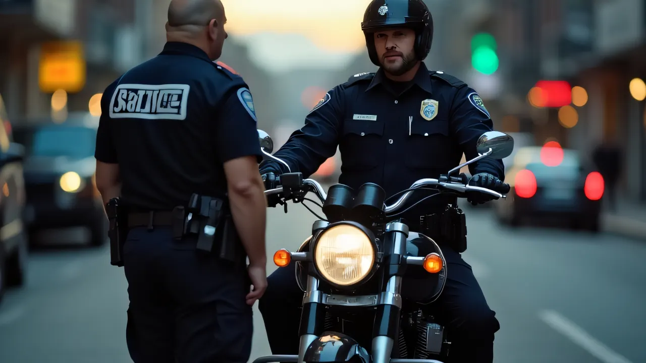 Two police officers next to a parked motorcycle in an urban street at dusk.