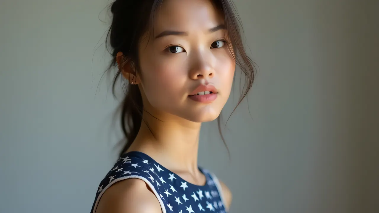Person wearing a blue and white star-print sleeveless top in a studio setting.