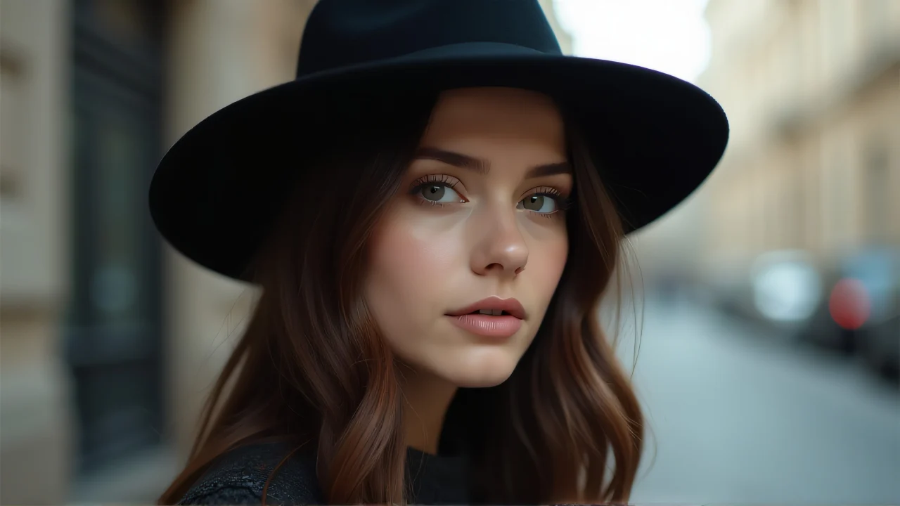 A woman wearing a black fedora poses confidently against a muted urban background.