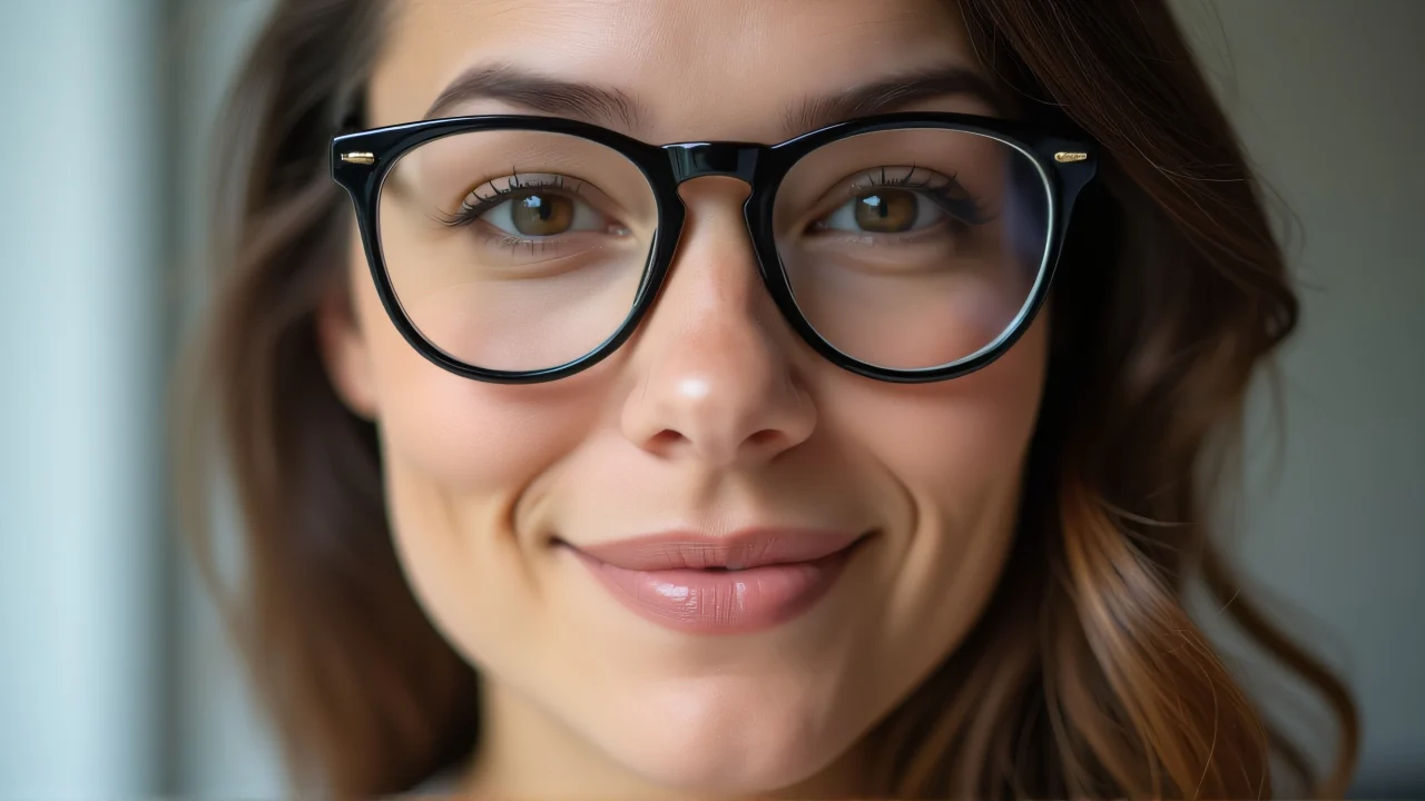 Close-up portrait of a woman wearing eyeglasses, showing confidence and style.