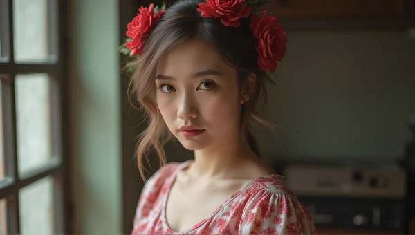 Portrait of Woman in Floral Outfit and Hair Accessory