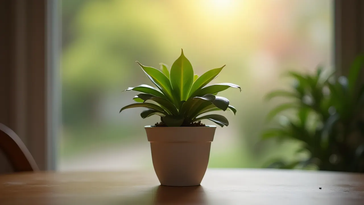 Close-up of a potted plant on a tabletop with soft lighting.