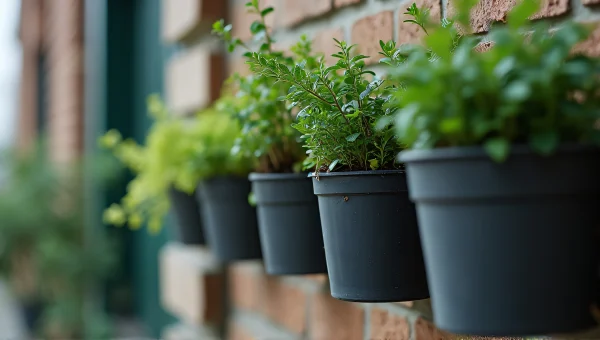 Potted Plants On Brick Wall Vertical Arrangement