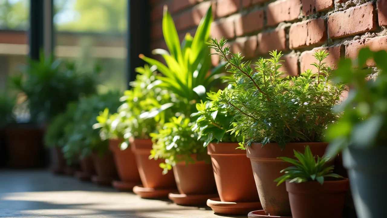 Close-up of various potted plants beside a textured brick wall with sunlight creating sharp shadows.