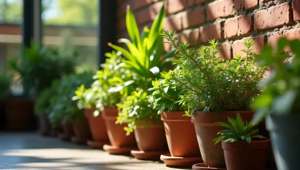 Potted Plants Clustered By Brick Wall In Sunlight