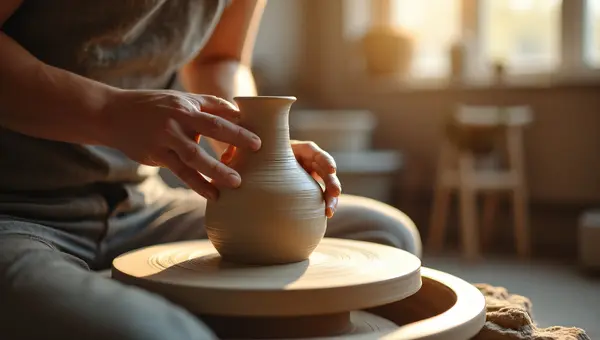 Potter Shaping Clay Vase in Sunlit Studio