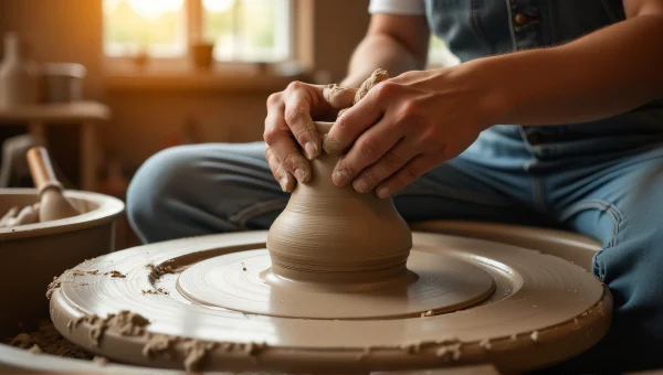 Pottery Wheel Crafting: Hands Molding Clay Vessel